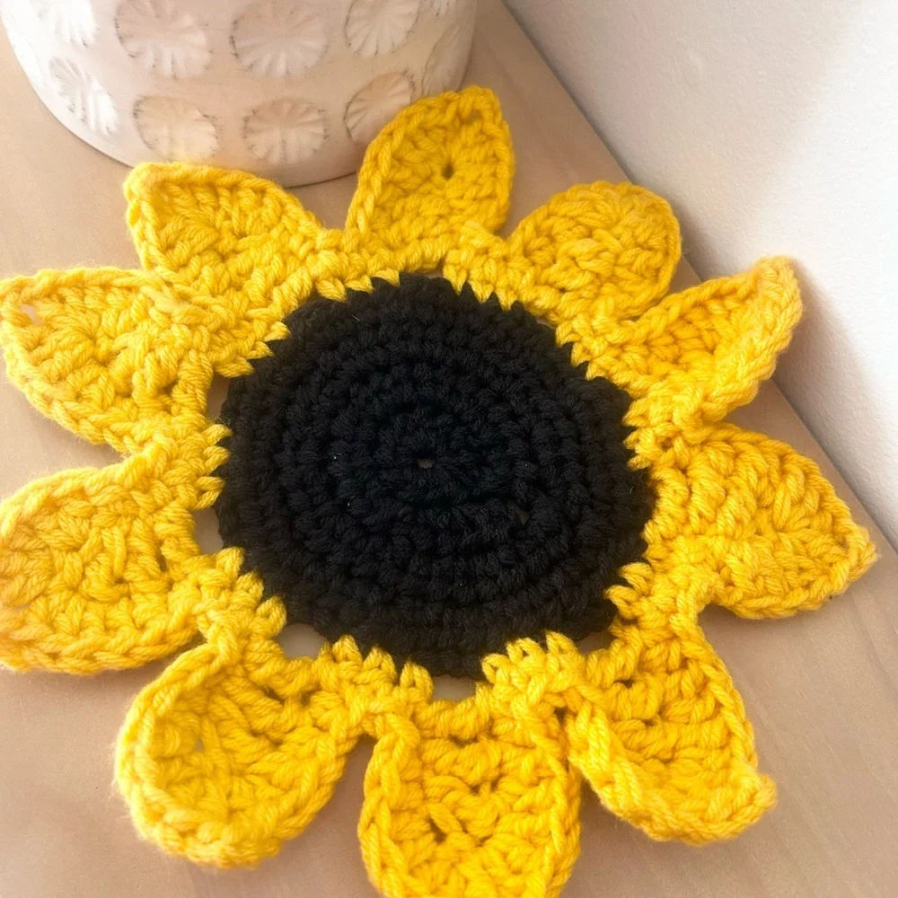 Handmade Crochet Sunflower Coaster Yellow Floral Cottagecore Table Decor